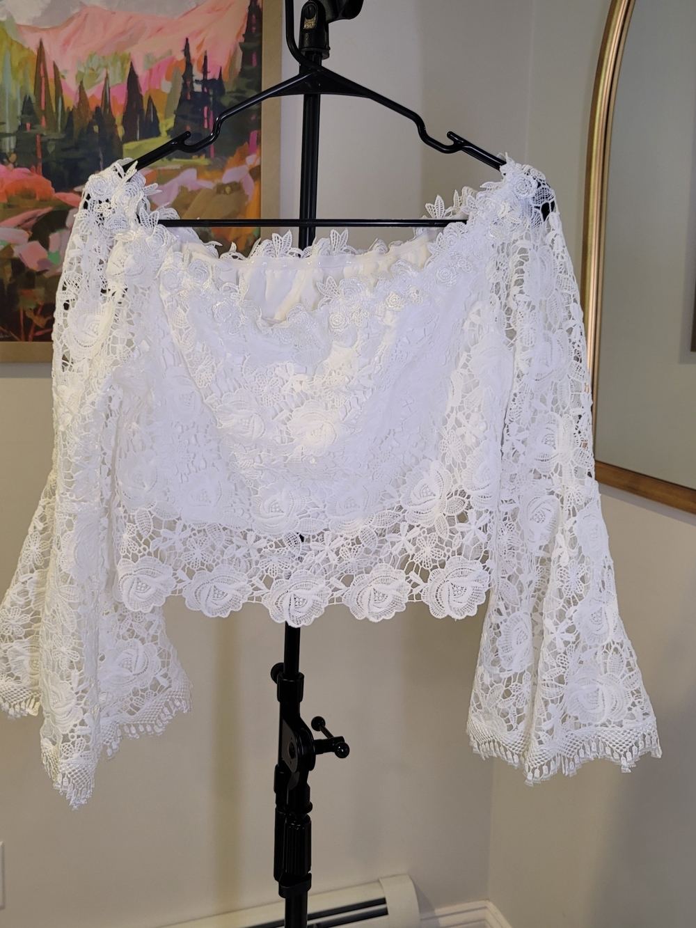 Festival Boho CroppedBell Sleeve Off Shoulder Crochet Lace Crop Top White Sz M - Picture 3 of 8